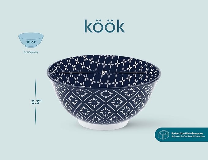 KooK Cereal Bowls, Ceramic Make, Vibrant Color, Multi Color Designs, Bowls for Thanksgiving, Christmas and Kitchen Perfect for Soup, Pasta, Salad, Ice Cream, Blue And White Set of 6, 18oz (Navy)