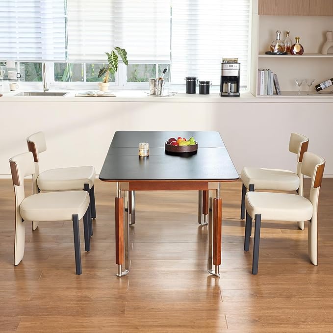 Beige Dining Chairs Set of 4,Faux Leather Dining Chairs with Soft Cushion,Comfortable Upholstered Armless Dining Room Chairs with Curved Plywood Back