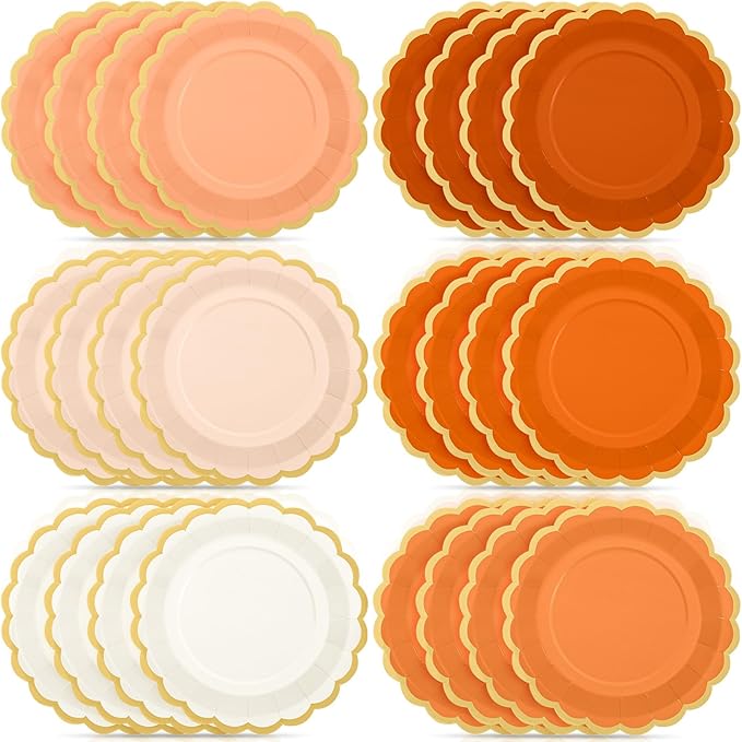 48 Pcs Beige-Orange Peach Paper Plates 9 Inch Gradient Scalloped Paper Disposable Dinner Dessert Plates for Birthday Wedding Bridal Party Supplies, 6 Colors