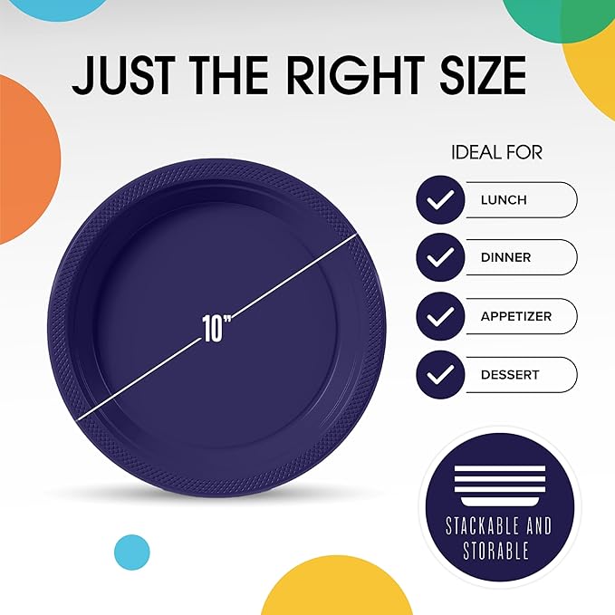 Exquisite Party Solids Navy Plastic Plates For Party 10" Navy Disposable Plates Heavy Duty 100 Pcs Plastic Dinnerware Sets Heavy Duty 350 GSM Disposable Dinnerware Set