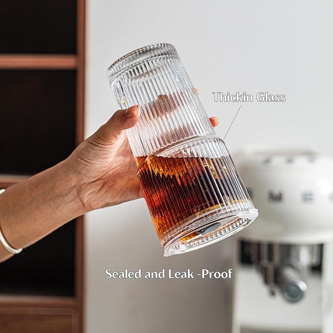 INSETLAN 20 oz Ribbed Glass Tumblers with Lids and Glass Straws – 4-Piece Glassware Set, Thickened Wall, Ideal for Iced Coffee, Smoothies, Cocktails, and Juices – Elegant and Durable Drinkware