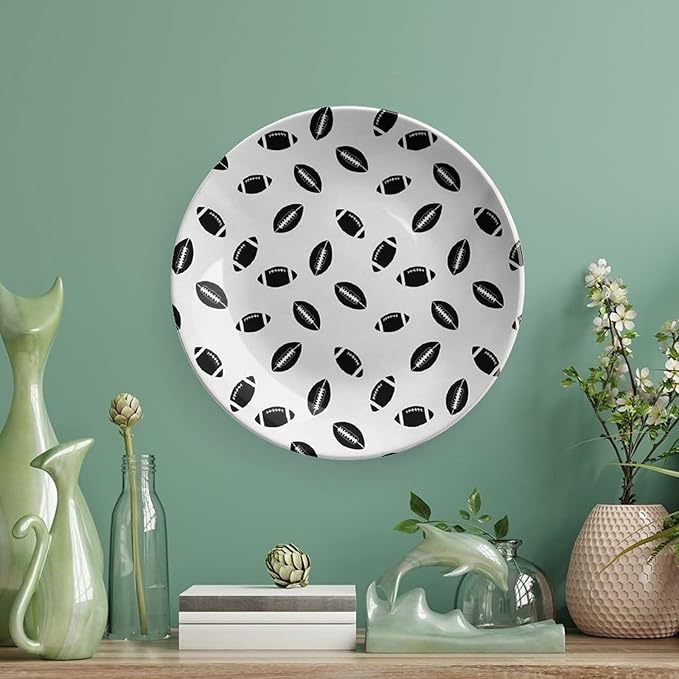 Ceramic Display Plate, American Football Ceramic Hanging Decorative Plate, Monochrome Pattern Black Rugby Balls Sports, 7 Inch, Living Room Kitchen Decoration Household, Black White