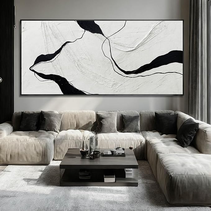 Extra Large Black Line Abstract Hand Painted Canvas Wall Art Gray and Black Minimalist Modern Painting with Framed for Living Room Bedroom Office Wall Decor 40x88 Inch