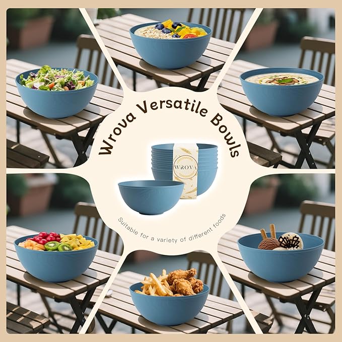 Wrova Wheat Straw Salad Bowls for Kitchen set of 6,Anti-Scald Thick Soup Bowls 40oz,Microwave and Dishwasher Safe Bowl set easy to clean. Blue