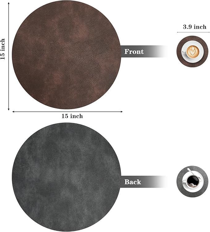 Round Placemats and Coasters Set of 8, Washable Reversible Faux Leather Placemats Cowhide Pattern Place Mats Wipeable Non-Slip 15 inch Round Kitchen Dining Table Mats (Gray Dark Coffee, 8)