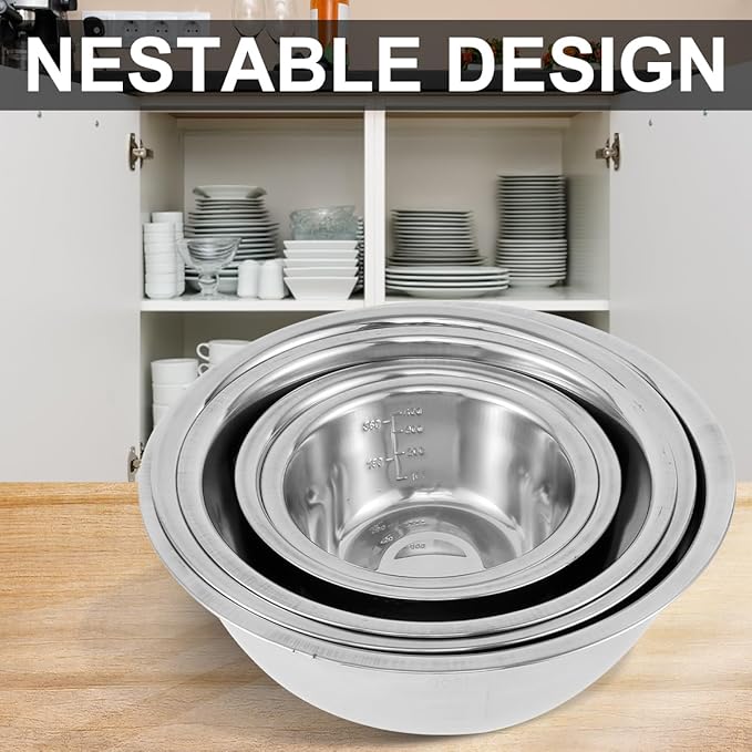 10 Pack Stainless Steel Bowls ，Nesting Mixing Bowl Set with Scale Marks, 5 Different Size (4.5, 3,2,1.5,0.7QT) Baking Bowls Mixing Set for Kitchen Food Storage, Cooking, Baking (10)
