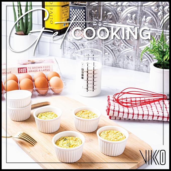 Vikko White Ramekin, Set of 6 Fine Porcelain Ramekins, Stackable 3 Inch Bowls, 3.5 Ounce Dips Dish, Dishwasher Safe