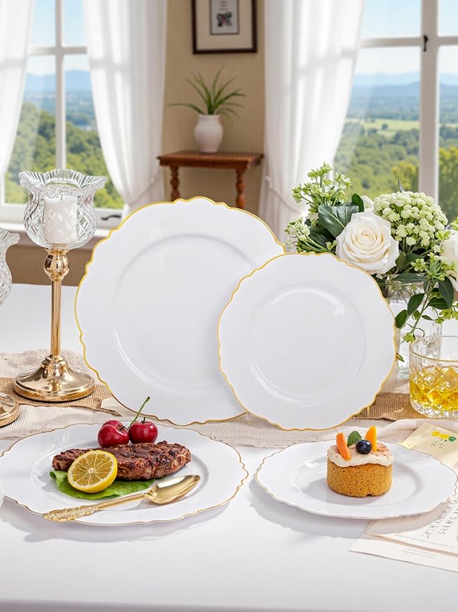 WDF 60pcs Gold Plastic Dinner Plates -10.25inch Baroque White and Gold Plates Fancy Plastic Plates for Upscale Bridal Shower & Wedding & Birthday