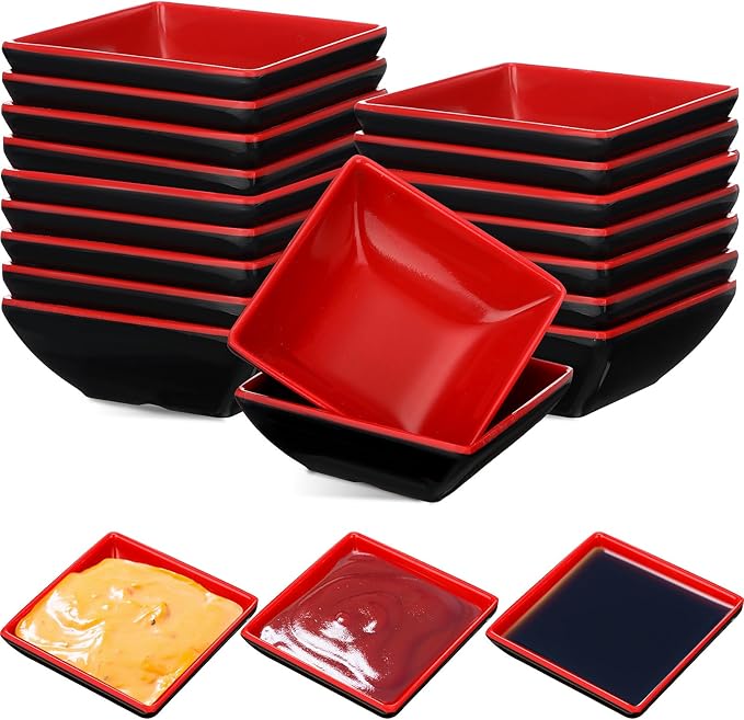 Hushee 25 Pcs Dipping Bowls Soy Sauce Dishes Dipping Sauce Cups Serving Plate Set Black Red Side Small Dish Pinch Bowls for Condiment, Soy, BBQ, Desserts(Square)