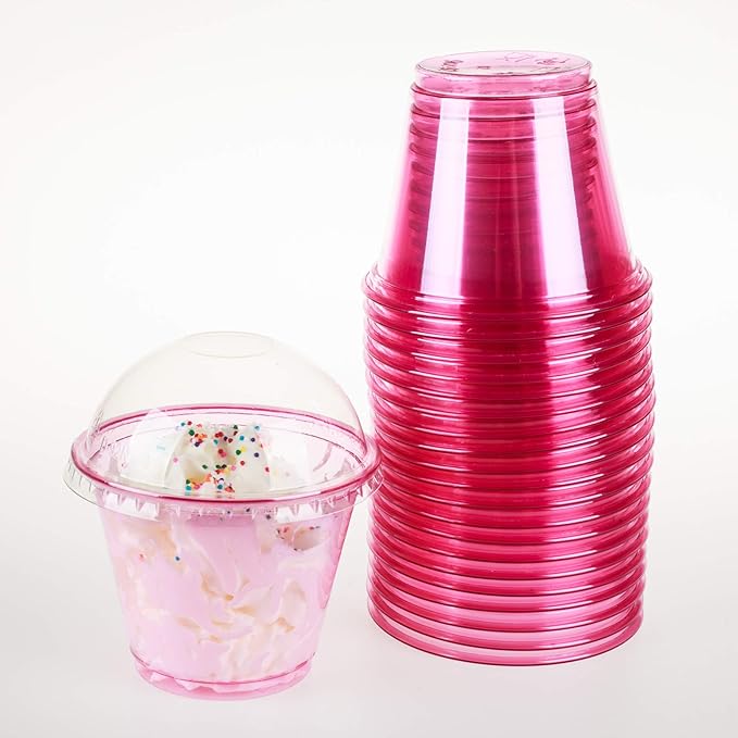 Golden Apple, 9oz-50sets Pink Red Plastic Cups with Clear Dome lids No Hole(50cups + 50lids)…