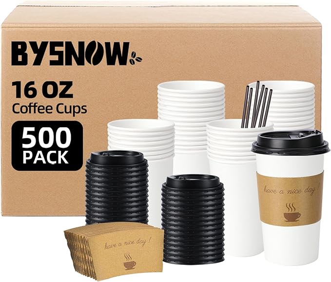 500 Pack 16 oz Disposable Paper Coffee Cups, Paper To Go Cups with Lids, Sleeve and Straw, Hot Paper Cups for Home, Office and Party (White 16oz)