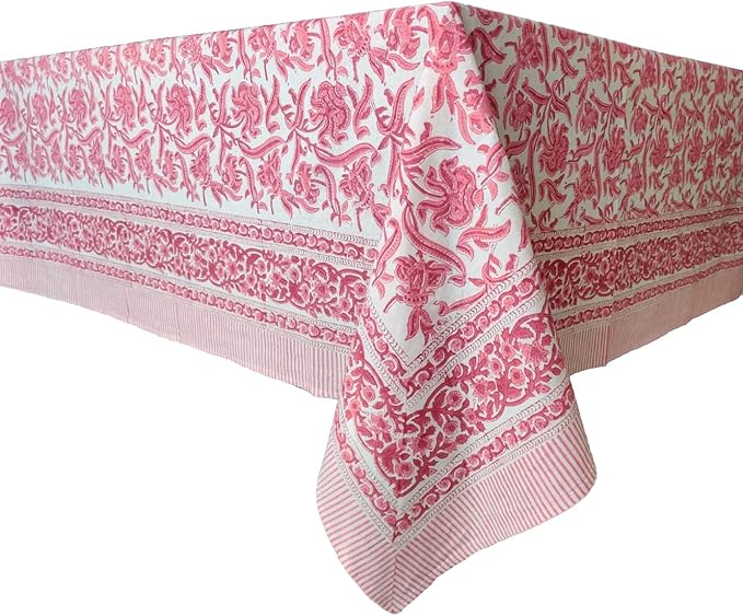 ATOSII Red Bloom 100% Cotton Rectangle Tablecloth, Block Print Floral Linen Table Cloth for Dining Parties Outdoors Weddings Holidays I 72 X 120 Inches, 10 Seater, Summer Farmhouse Grandmillennial