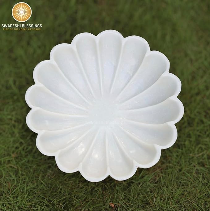 SWADESHI BLESSINGS HandCrafted Marble Decorative Bowl | White Ruffle Scalloped Fluted Key/Fruit Ring Dish | Organic Modern Home Decor (9 Inches)