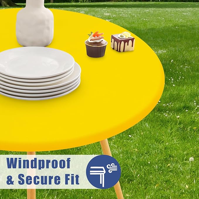Round Spandex Tablecloth, Elastic Fitted Waterproof Tablecloths for 36"-44" Tables, Stretch Washable Picnic Table Cover for Camping, Dining, Indoor and Outdoor, Yellow