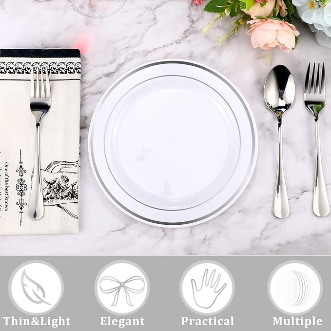 Sieral 200 Pieces Disposable Plates Plastic Party Plates with Rim Hard Plastic Appetizer Salad Dessert 7.5 Inch Elegant Heavy Duty Tableware for Dinner Wedding Party Supplies(Silver Rim)