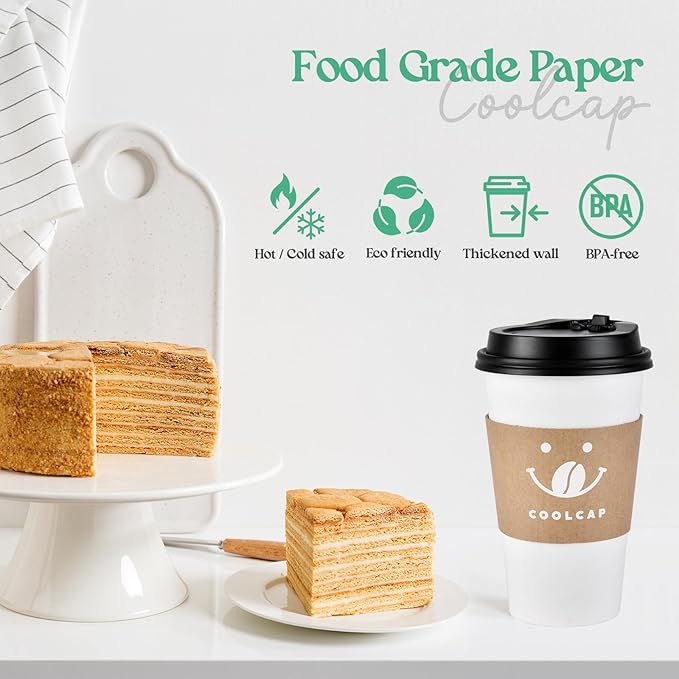 Coffee Cups with Lids and Sleeves, 12 Ounce 50 pack To Go Coffee Cups with Lids, Disposable Hot Coffee Paper Cups Bulk for Hot Beverage (12 Ounce, White)