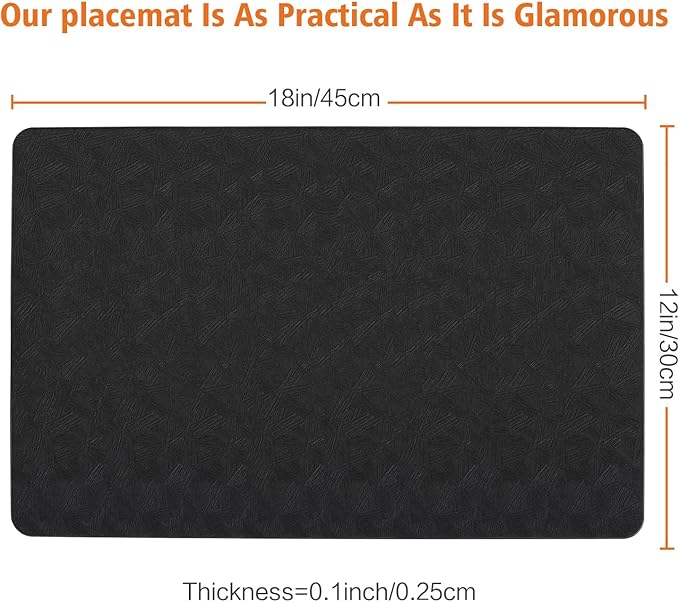 Vinyl Placemats Set of 6 Heat Resistant Easy Clean Non-Slip Place Mats for Dining Table Faux Leather Waterproof Stain Resistant Wipeable Washable PVC Table Mats(6, Black)
