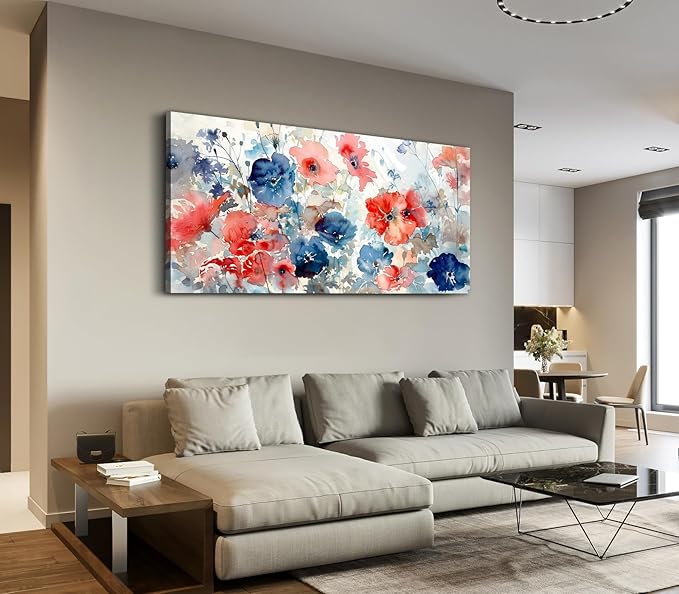 ADJUVANT Wall Art Watercolor Vibrant Floral 40"L x 20"W, Colorful Poppies With Soft Hues Canvas Painting Lively Blooms Artwork Delicate Tones Prints Wall Decor for Living Room Bedroom Bathroom Home Office