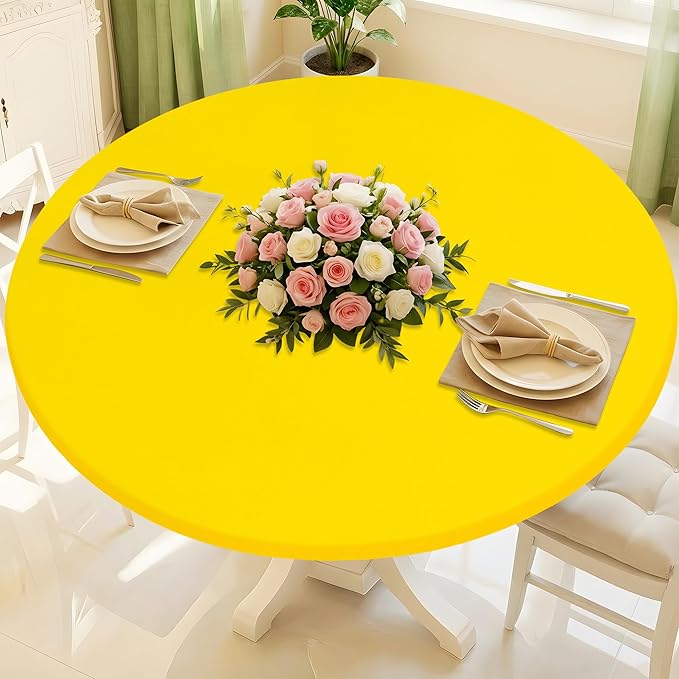 Round Spandex Tablecloth, Elastic Fitted Waterproof Tablecloths for 25"-30" Tables, Stretch Washable Picnic Table Cover for Camping, Dining, Indoor and Outdoor, Yellow