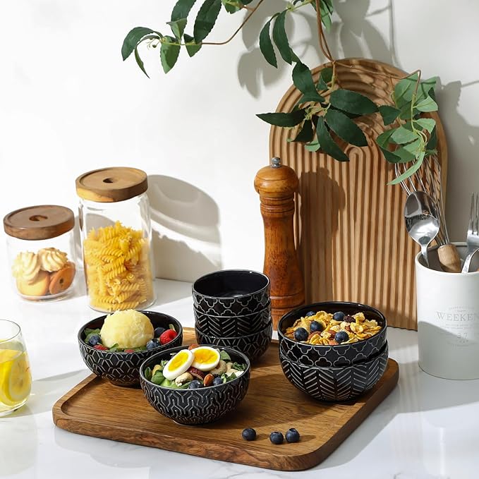 Sureasy Ceramic Ice Cream Bowls, 12oz Embossed Dessert Bowls Set, 4.6 Inch Stoneware Small Bowls for Snack, Sauce, Fruits, Microwave and Dishwasher Safe, Set of 4, Black