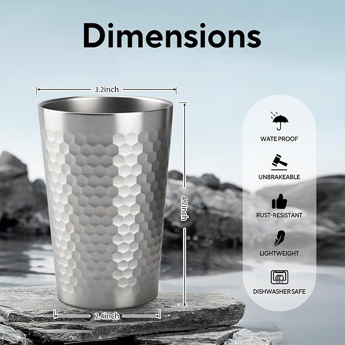 5 Pcs 12 oz Honeycomb Small Metal Cup, Double Wall Vacuum Stainless Steel Insulated Cup, Reusable Camping Cups Unbreakable Indoor Outdoor for Party, Home, Office, BBQ, Silver