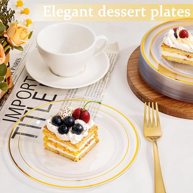 I00000 72 Pcs Clear Plastic Dessert Plates 7.5" & 72 Pcs Gold Disposable Forks 7.4", Clear Small Plates,Nice Dessert Plates,Fancy Salad Plate,Gold Cake Plate for Party, Occasions, Wedding
