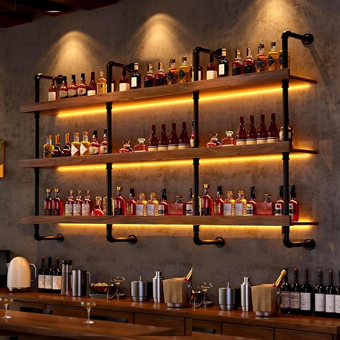 Large Wine Rack with LED Light Solid Wood Wall Mounted Wine Rack, 3-Tiers Liquor Bottles Floating Shelves Display Storage Organizer for Home Bar & Dining Room (80cm/31.4in)