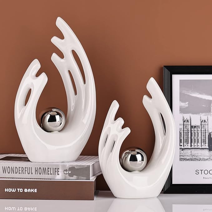 12" H White Silver Aesthetic Room Decor Accent, TV Stand Funky Table Centerpiece, Abstract Art Ceramic Statue and Sculpture, Silver Decor for Living Room, Bookshelf Decorative Objects, Shelf Decor