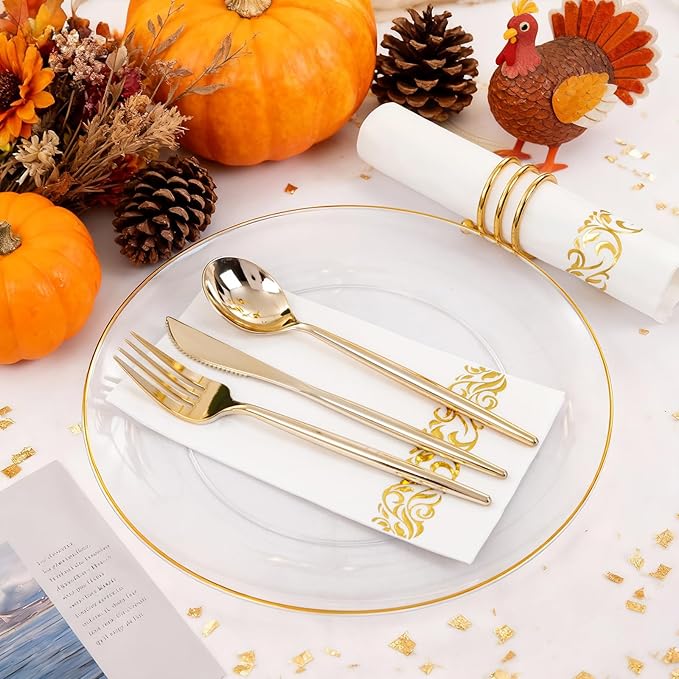 MirthMood 210Pcs Clear and Gold Plates for 30 Guests, Plastic Plates for Party, Includes:30 Dinner, 30 Dessert, 30 Paper Towels with 90 Silverware & 30 Cups