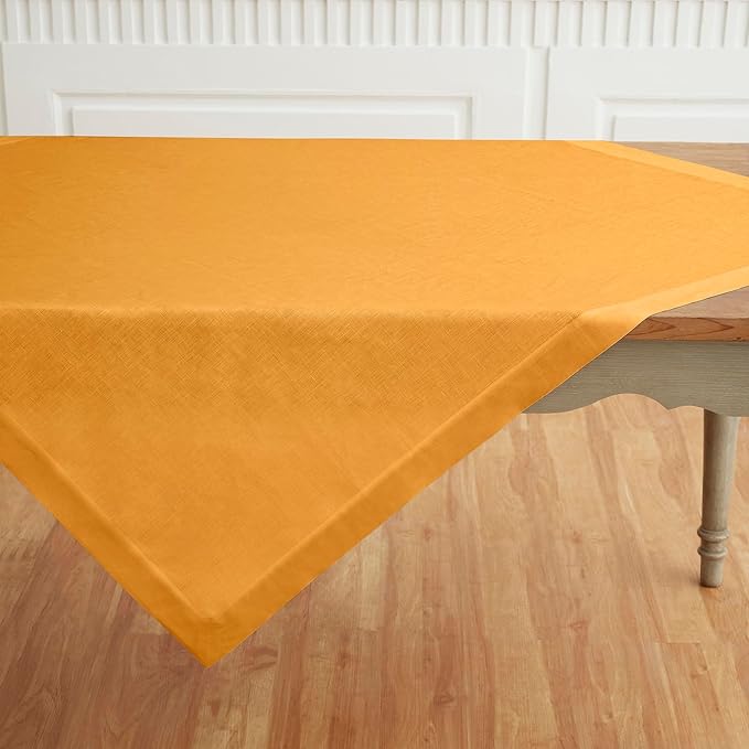 Solino Home Linen Tablecloth 52 x 52 Inch - 100% Pure Linen Tangerine Yellow Square Tablecloth - Fete, Machine Washable Table Throw for Spring