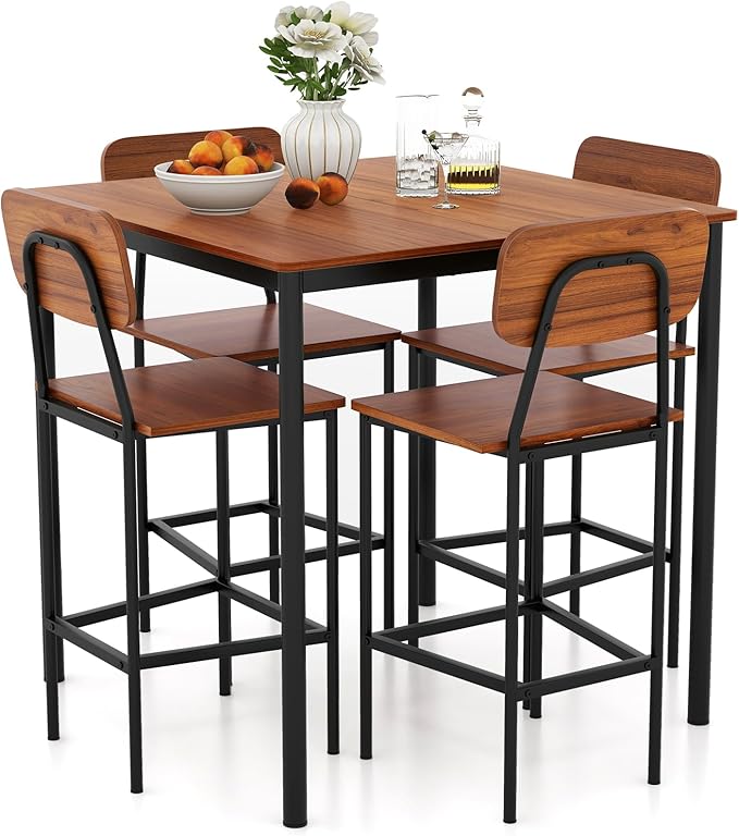 Giantex 5-Piece Dining Table Set W/Counter Height Table & 4 Bar Stools, Industrial Kitchen Dining Table Set W/Footrest & Backrest, Space-Saving Dinette Set for Pub, Dining Room, Restaurant (Walnut)