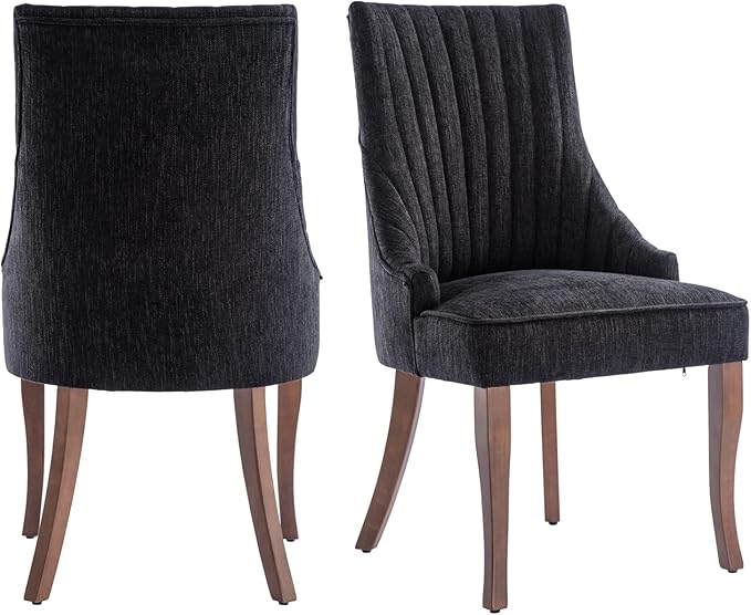 mikibama Linen Dining Chairs Set of 2 Channel Tufted Kitchen Dinner Chair Comfy Fabric Upholstered Accent Chair for Dining Room with Solid Wood Legs (Black)
