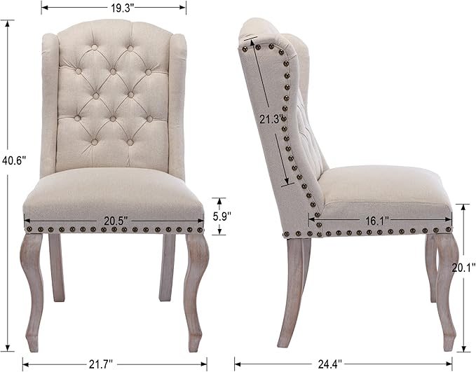 Dining Chairs Set of 4 Farmhouse Linen Fabric Upholstered Accent Chairs Tufted Wingback Host Side Chair for Kitchen/Dining Room/Living Room/Bedroom, Cream