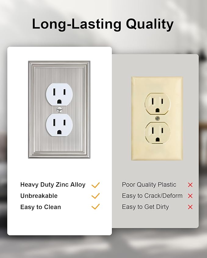 6-Pack Single Duplex Outlet Cover Plate, Decorative Brushed Nickel Switch Plates and Outlet Covers, Metal Wall Plates for Electrical Outlets, 1 Gang Receptacle Cover, Corrosion Resistant