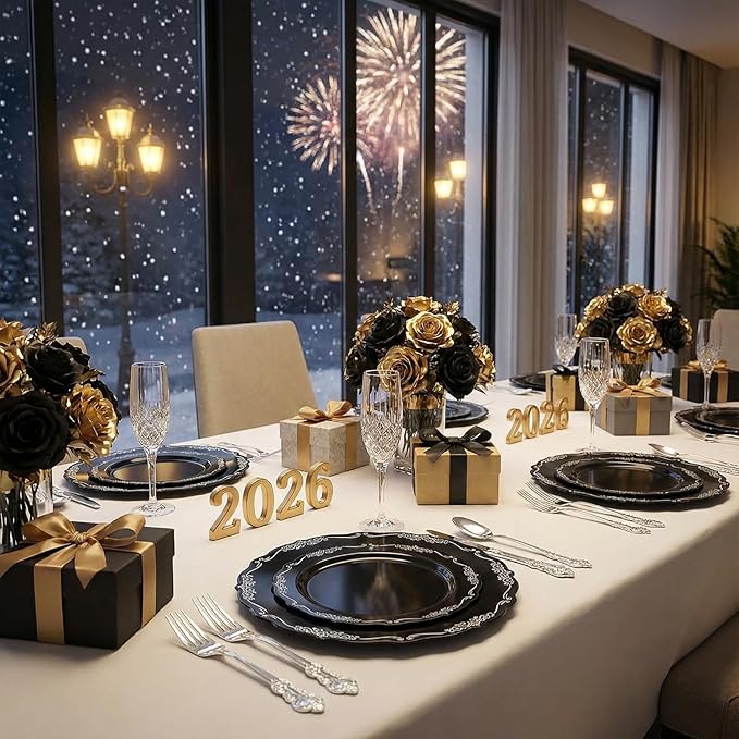 DaYammi 150 Pcs Black Silver Plastic Plates & Silver Plastic Silverware,Black silver Disposable plates for Include 30 Dinner Plate,30 Dessert Plate,30 Knives,30 Forks,30 Spoons for Party Wedding