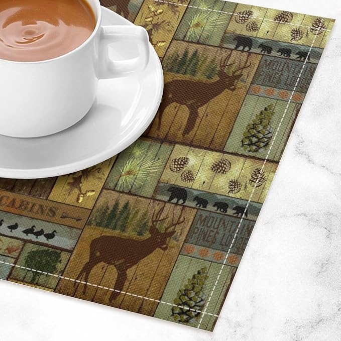 Rustic Bear Deer Placemats Wildlife Moose Forest Animal Cabin Lodge Lake Pine Heat-Resistant Linen Table Place Mats for Dining Kitchen Country Camp Style Farmhouse Decor 12x18 in 6 PCS