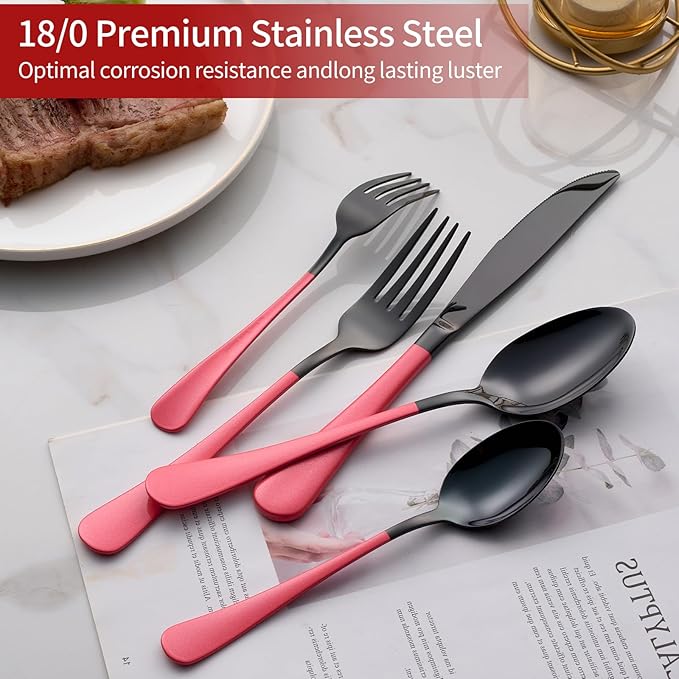 20-Piece Pink Silverware Set 18/0 Stainless Steel Black Silverware Set Yellow Handle Cutlery Black Set Service for 4 Dinner Knives Forks Spoons Set Flatware Set Finish Dishwasher Safe