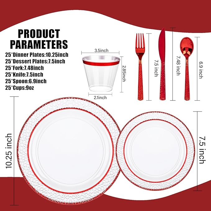 Ciaell 150 PCS Red Plastic Plates – Clear Hammered Disposable Plates with Red Rim include 50Plates, 25Forks, 25Knives, 25Spoons, 25Cups for Wedding & Party & Anniversary & Valentine's Day