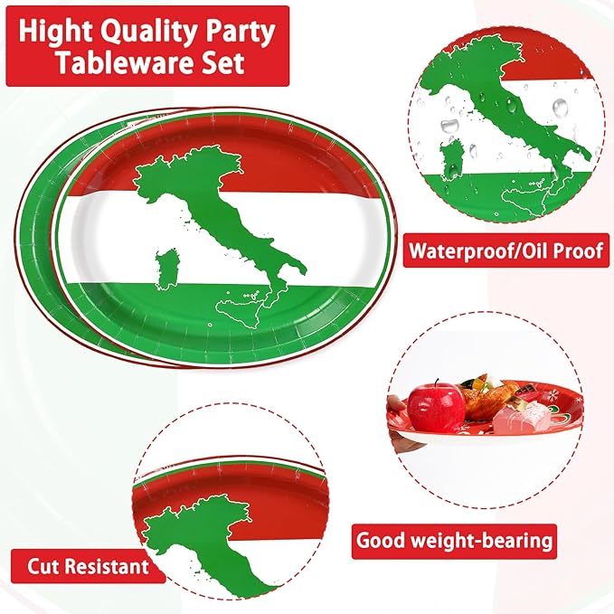 50Pcs Italian Flag Oval Paper Plates 10" x 12" Large Heavy Duty Italian Flag Disposable Dinner Plates Red White and Green Dessert Platters for Pizza Baby Shower Family Gathering Party Decorations