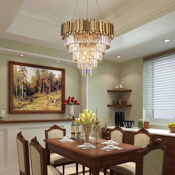 Modern Crystal Chandelier Gold Round Chandeliers Light Fixture for Dining Room Raindrop Pendant Ceiling Lighting Foyer Hallway Entryway Chandelier 5-Tier 10 Lights W23.6