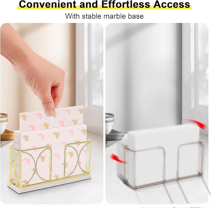 Napkin Holder with Marble Base, Guest Towel Paper Dispenser for Table, Modern Metal Napkin Stand, Ideal for All Bathroom Vanity, Kitchen Decor Accessories (Gold, 4 Inch)