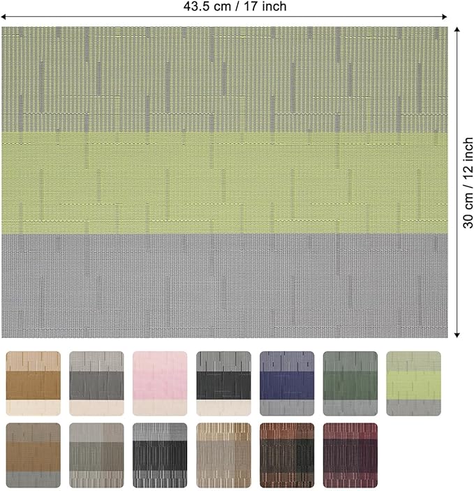 Placemats Set of 4, Vinyl Woven Place Mats Indoor Set of 4 Washable Wipeable PVC Table Mats Heat-Resistant Non Slip Placemat for Kitchen Dining Outdoor Table (Gray Grass Green, Set of 4)