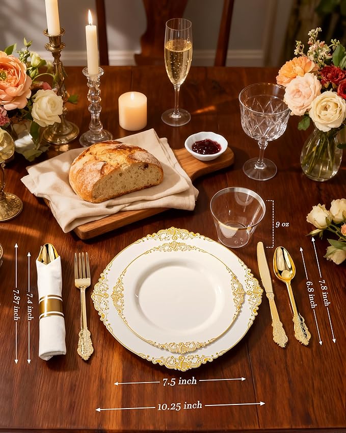Nervure 350PCS Ivory Plastic Plates - Ivory Gold Plastic Dinnerware Sets for 50 Guests - 100 Gold Disposable Plates, 50 Pre Rolled Silverware Sets, 50 Cups Perfect for Wedding & Party