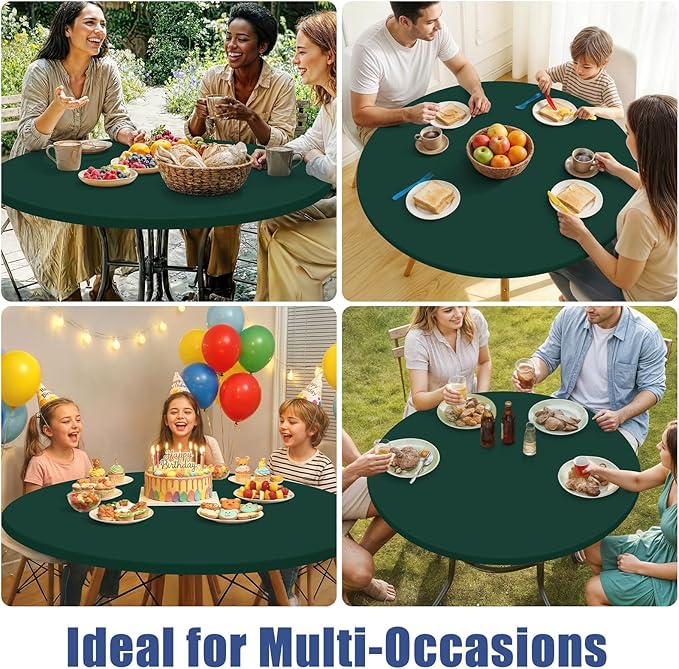 Round Spandex Tablecloth, Elastic Fitted Waterproof Tablecloths for 45"-56" Tables, Stretch Washable Picnic Table Cover for Camping, Dining, Indoor and Outdoor, Hunter Green