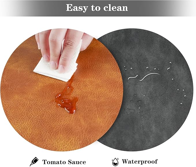 Round Placemats and Coasters Set of 6, Washable Reversible Faux Leather Placemats Cowhide Pattern Place Mats Wipeable Non-Slip 15 inch Round Kitchen Dining Table Mats (Gray Brown, 6)