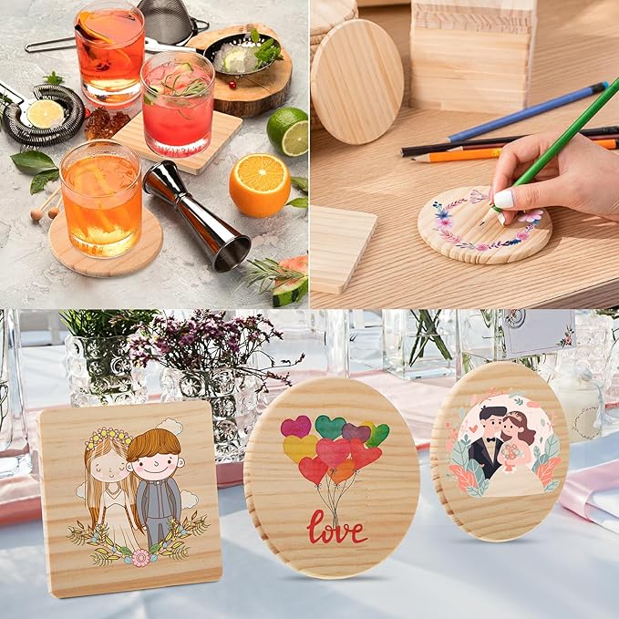 Hushee 96 Pcs Unfinished Wood Coasters 4 Inch Blank Wooden Coasters for Crafts with Non Slip Foam Pad Stickers Wooden Craft Tabletop Protection for Christmas DIY Painting Engraving Home Decoration