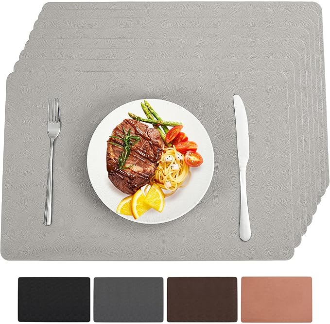 Vinyl Placemats Set of 8 Heat Resistant Easy Clean Non-Slip Place Mats for Dining Table Faux Leather Waterproof Stain Resistant Wipeable Washable PVC Table Mats(8, Light Gray)