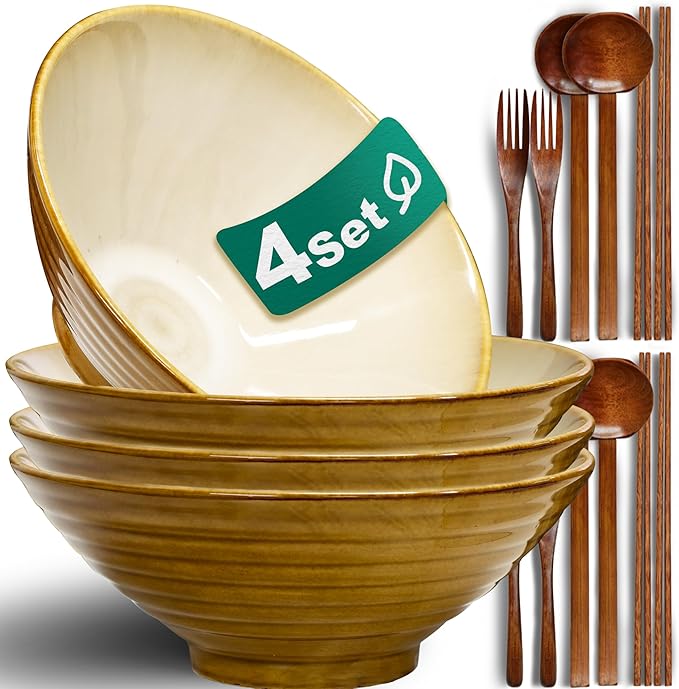 8-Inch 4 Sets Ceramic Ramen Bowl (16 Piece) - Japanese Porcelain Dishwasher Microwave Safe Salad Noodles Cereal Pasta Soup Large Bowls with Chopsticks Forks Spoons for Men Women Housewarming Gift