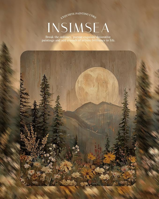InSimSea Gold Picture Framed Wall Art, Living Room Vintage Nature Forest Wall Decor, Dark Moon Landscape Canvas Print Art, Home Farmhouse Decor, Antique Paintings with Frame 13x16inch