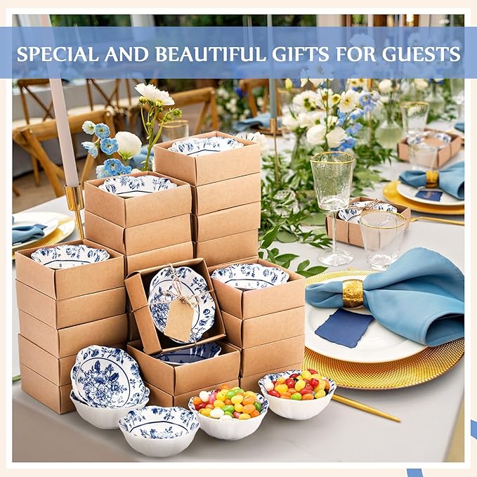 48 Pcs Wedding Favors for Guests Small Ceramic Bowl Bulk Gifts Set 3.3 Inch Floral Design Mini Dipping Sauce Dish with Card Box for Bridal Pooja Baby Shower Birthday Guest Gift (Blue)